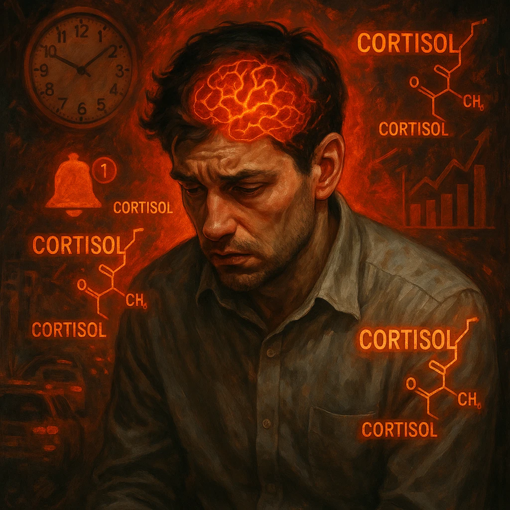 semi-realistic, moody lighting; man in his 30s, signs of chronic stress (tired eyes, tense, hunched), glowing 'Cortisol' symbols, reddish-orange aura; chaotic background (clocks, notifications, traffic, charts); brain visible with red-orange neural activity; symbolic surrealism, detailed expression emoji