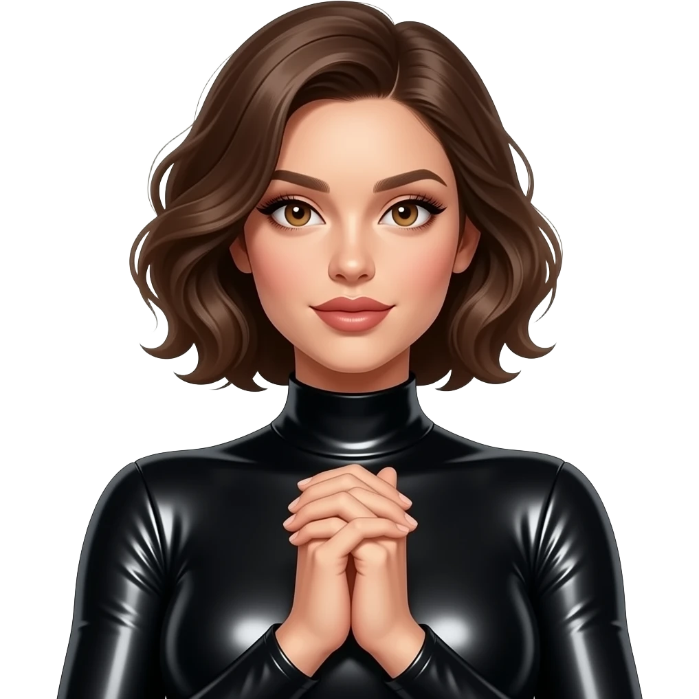 glamours,-tanned,-very-beautiful-woman-with-big-plump-rose-beige-lips,-long-lashes,-honey-silky-very short- hair,-wavy-hair,-hazel-eyes-wearing-black-long-sleeved-shiny-latex-dress-She-Looks-sexy-hands-together at front emoji