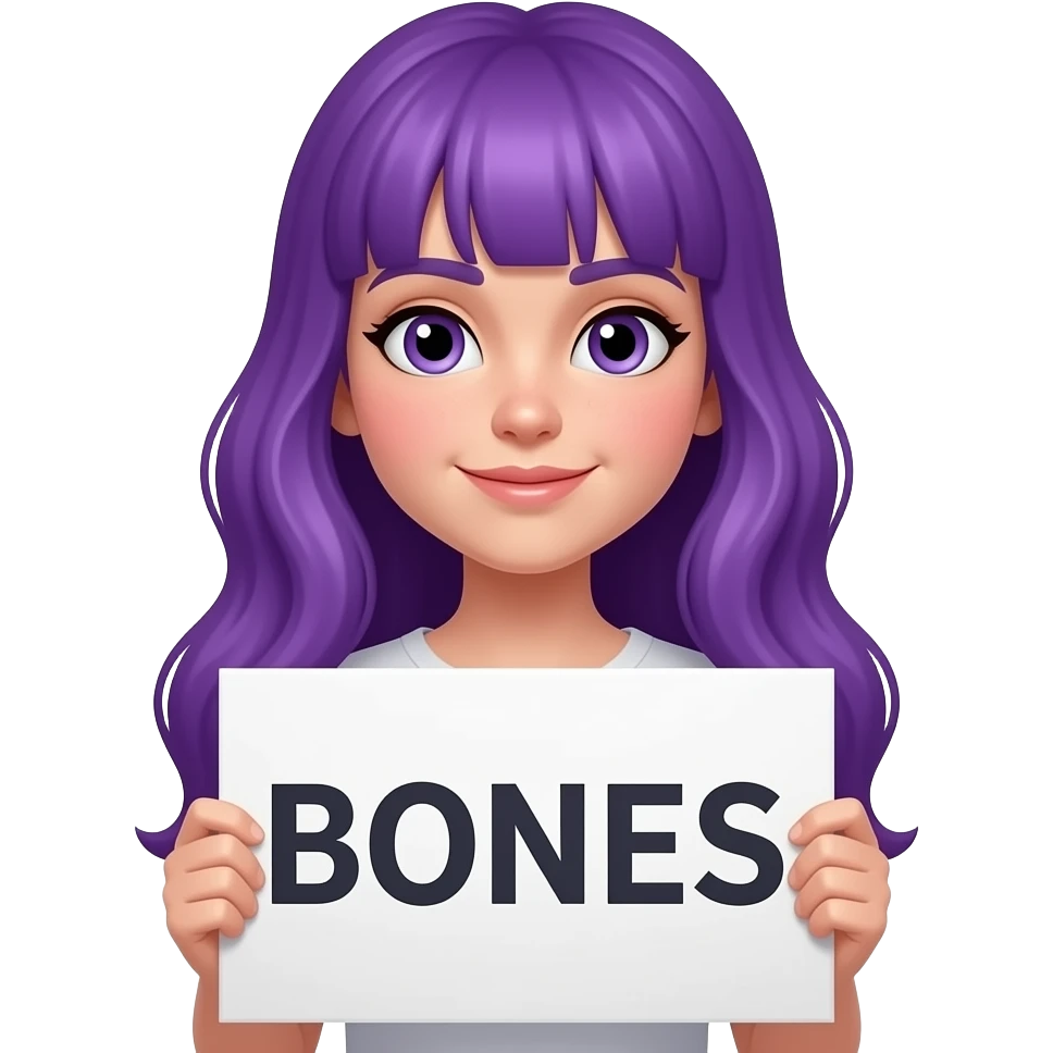 girl with long purple hair with a BONES sign emoji