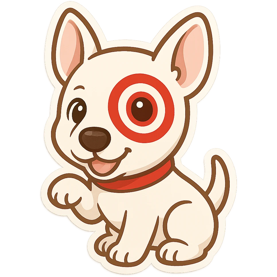 cute cartoon of Target store bullseye dog, playful pose, big eyes, red collar, white fur, red bullseye on left eye, chibi stickers style emoji
