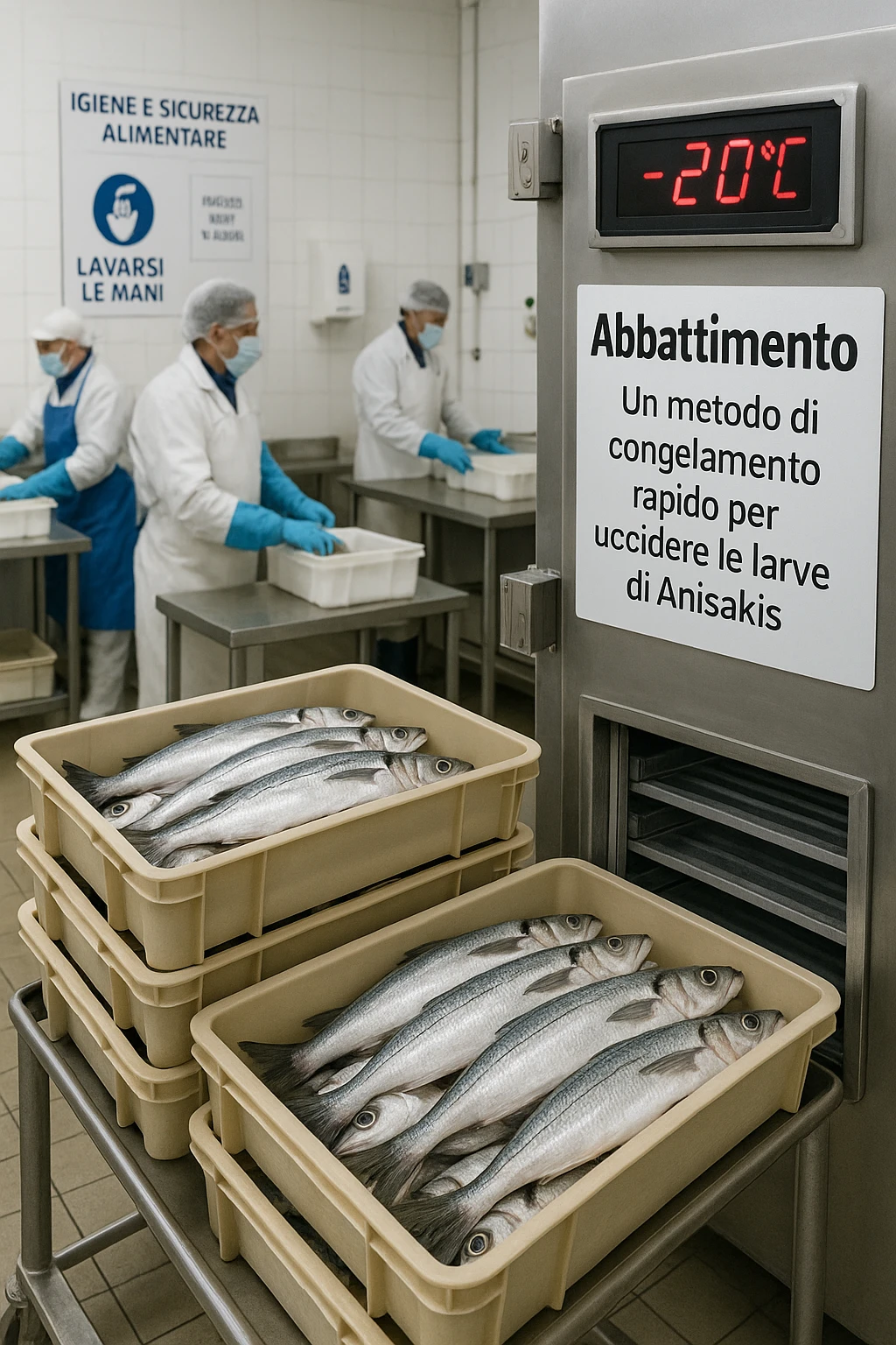a fish processing facility where freshly caught fish are placed on trays and moved into a large industrial freezer. A temperature gauge shows -20°C, and an educational label explains that rapid freezing (abbattimento) is used to kill Anisakis larvae. The background includes workers in protective clothing and clear signage about food safety. in italiano emoji