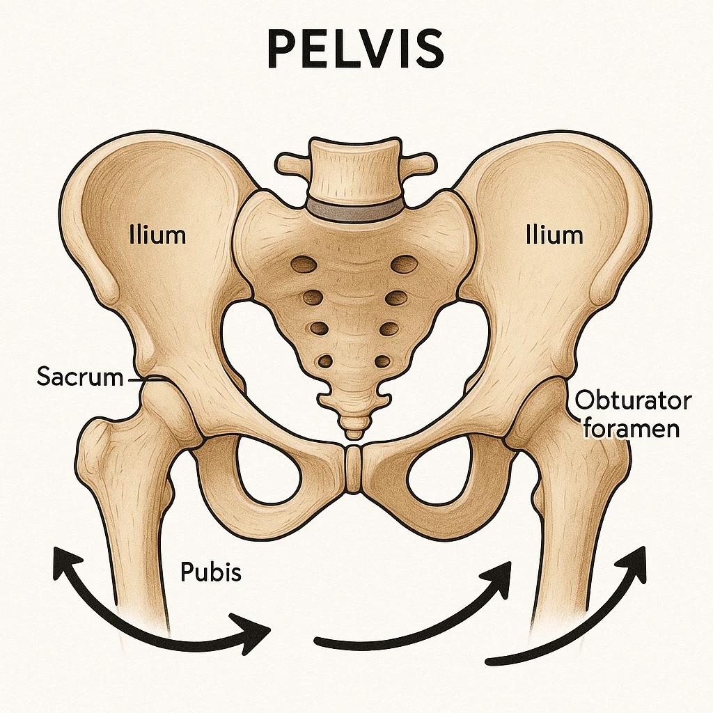 anatomical pelvis, clockwise rotation indicated by rightward arrows, clean and easy to understand, educational medical illustration emoji
