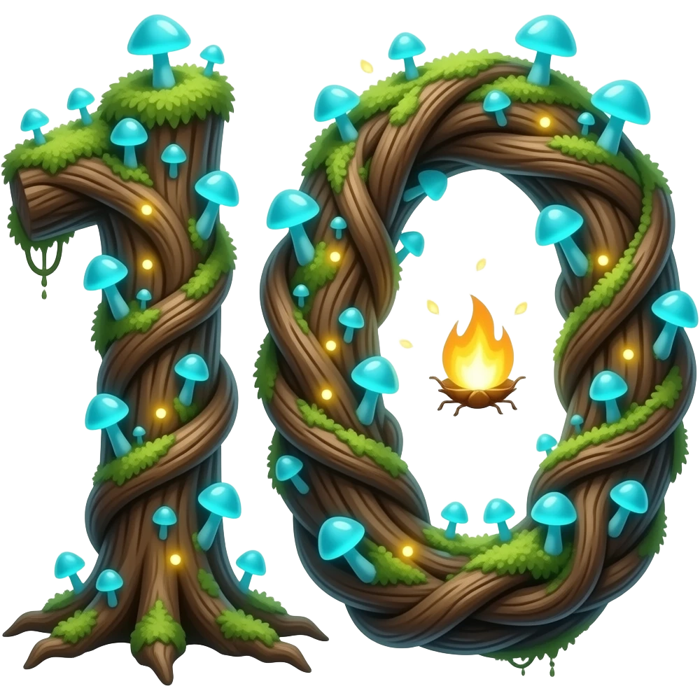 Magical letter '1000' formed from twisting ancient tree roots, overgrown with tiny neon-blue mushrooms and bioluminescent moss. Soft fireflies orbiting the letter, enchanted forest atmosphere, macro photography style emoji