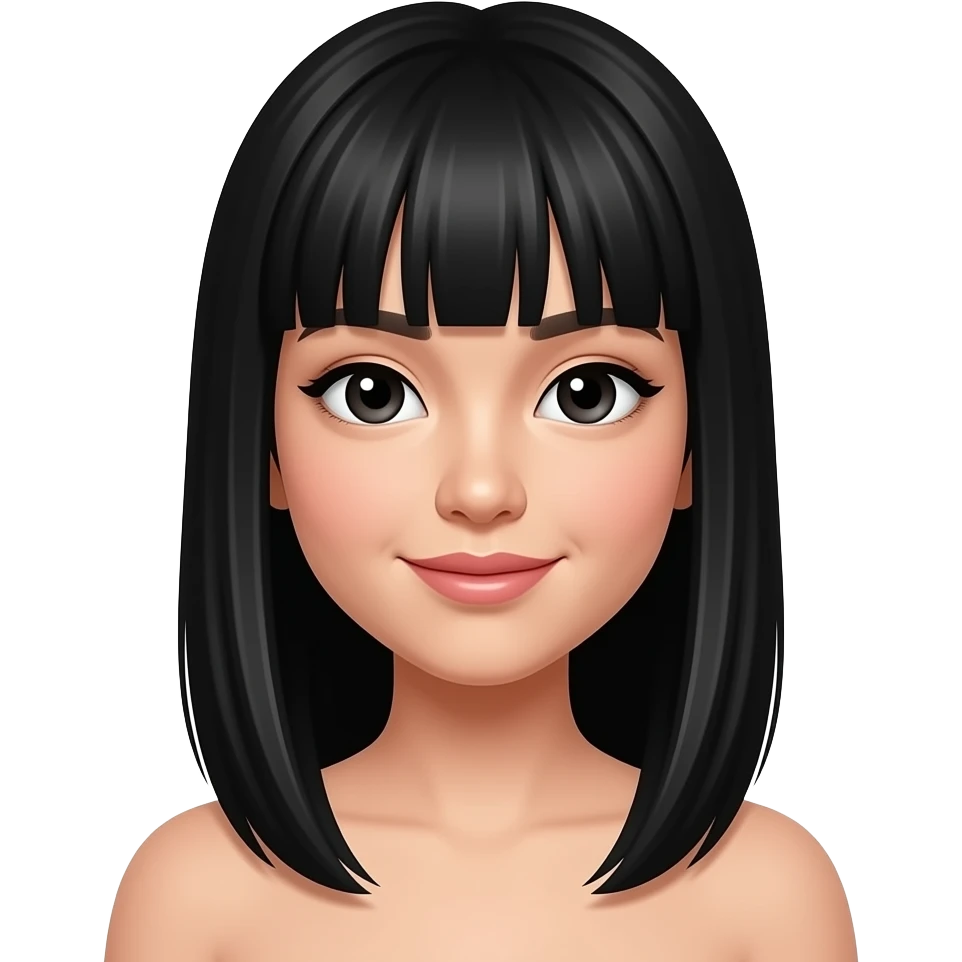 Southeast Asian women with bangs and black straight long hair until under chest, had black eyes and has cute and sweet face. emoji