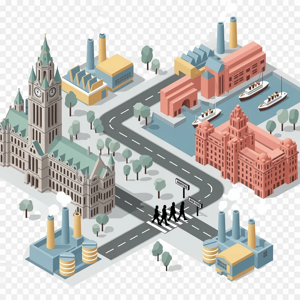 Isometric illustration of Manchester and Liverpool combined, featuring Beatles references (Abbey Road sign), Manchester Town Hall, toy-style factories, muted pastel tones, transparent background emoji