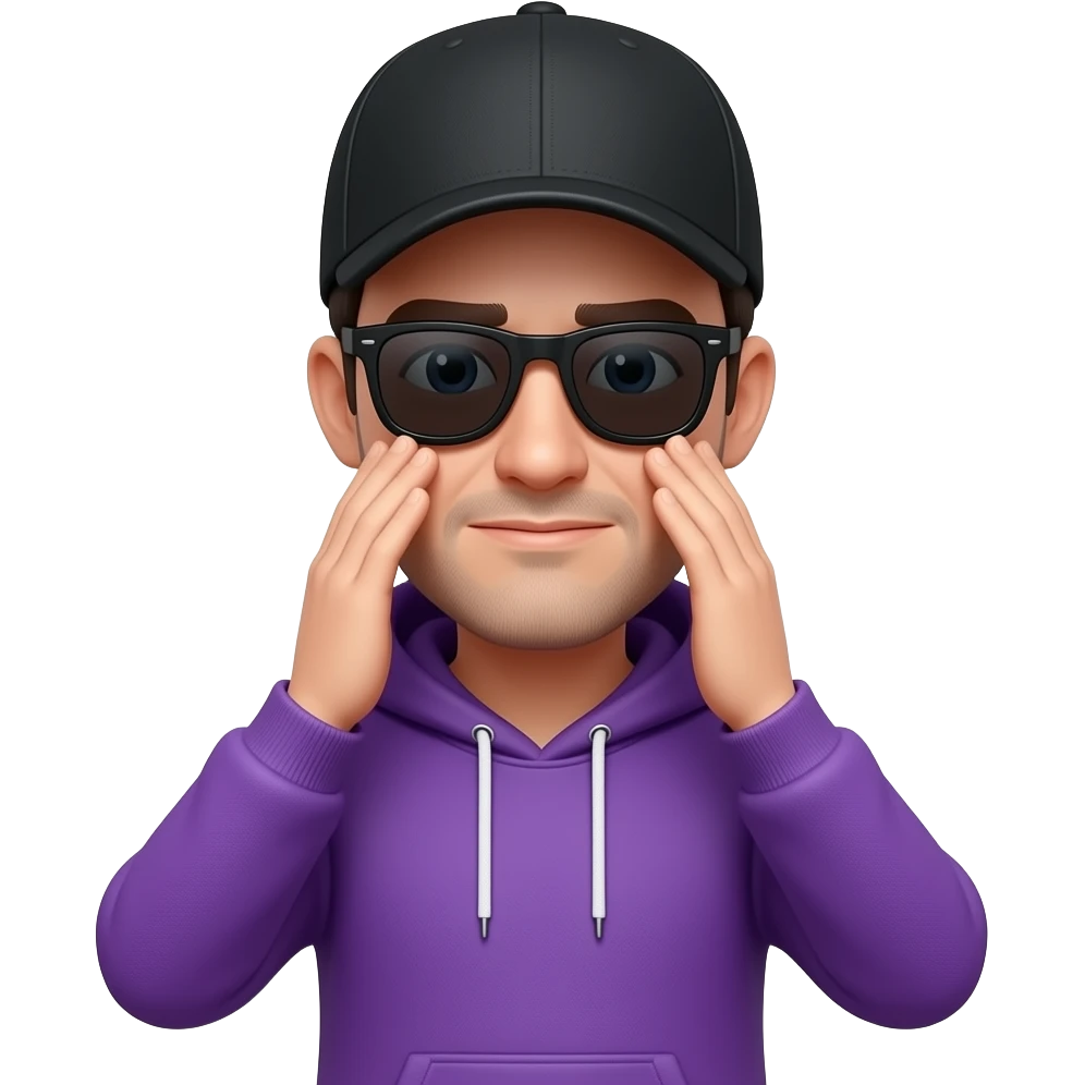 tall skinny guy with black basecap, purple hoodie, sunglasses facepalm withboth hands emoji