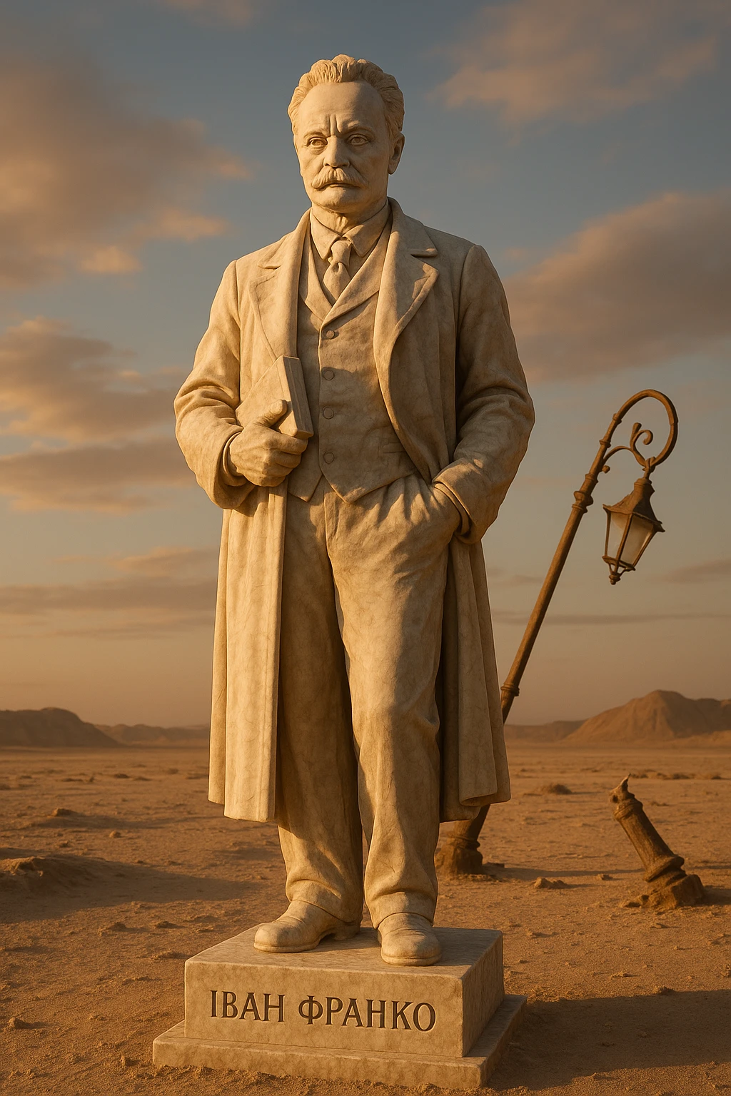 Ultra-realistic marble sculpture based on a reference image, full-length, in a desert setting with a broken lamppost. Pedestal carved with 'Іван Франко'. Sunset lighting, low-angle view. emoji