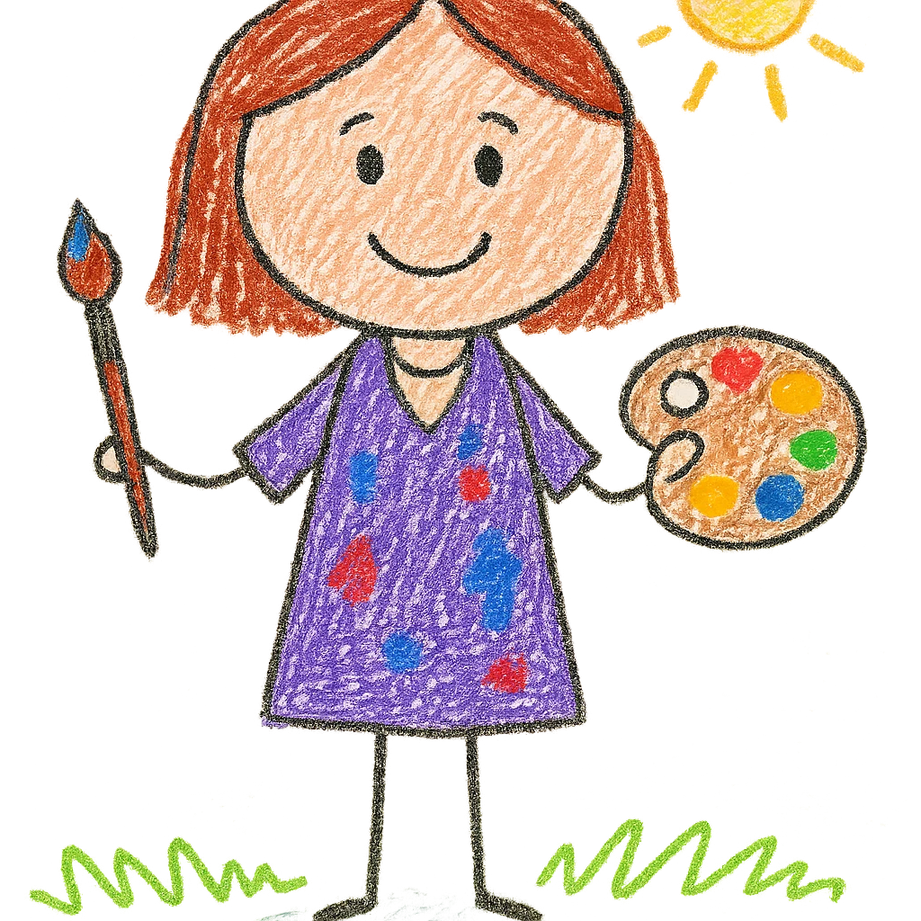 Serene female oil painter, Caucasian features, shoulder-length auburn hair, soft brown eyes, gentle smile, wearing a violet painter’s smock lightly stained with paint over a beige blouse, holding a wooden palette with vibrant colors in one hand and a brush in the other, waist-up, front-facing emoji