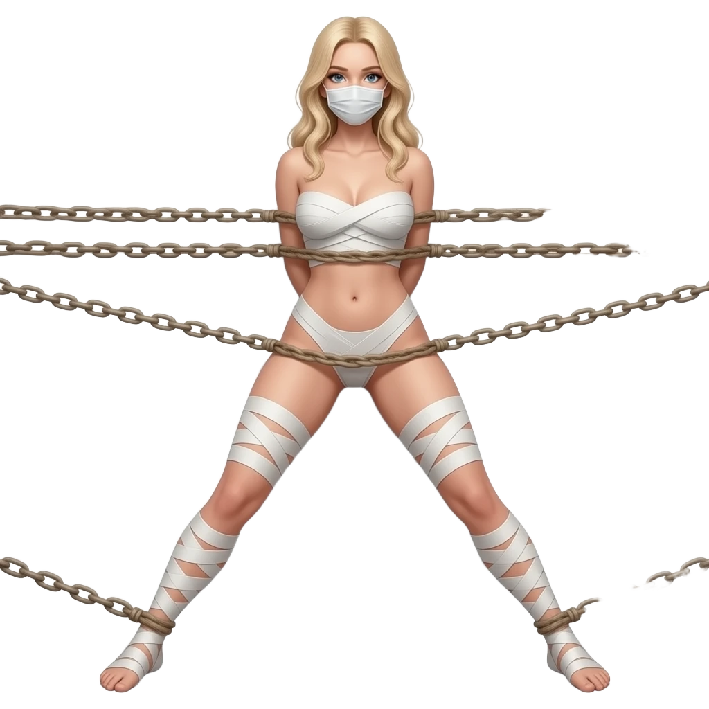 A full body naked woman blonde hair long  and  her body is taped and her mouth is taped and realistic and  and her leg are taped wied open and shes tied in she's walll emoji