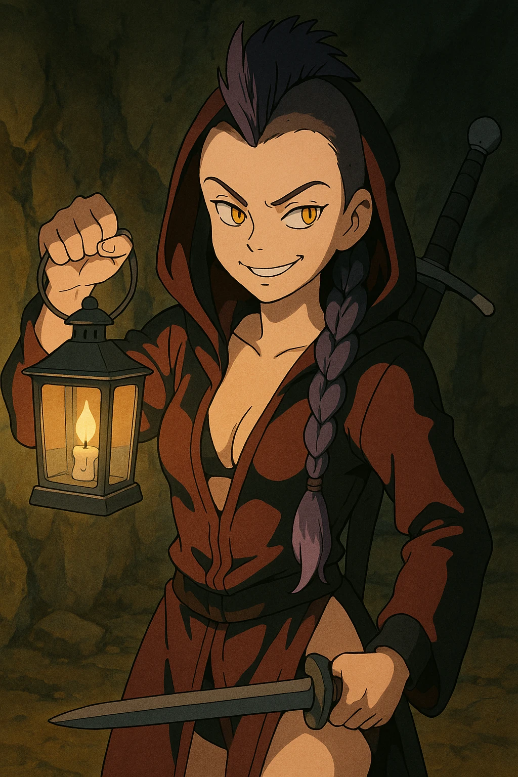 A sword maiden, mohawk, long braid with lavender tips hair, gold yellow eyes, blood red and black revealing hoodie, brandishing a lantern. Mischievous smirk emoji