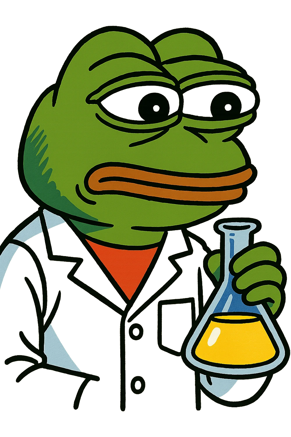 Pepe the Frog as a scientist with lab coat and beaker, meme style emoji