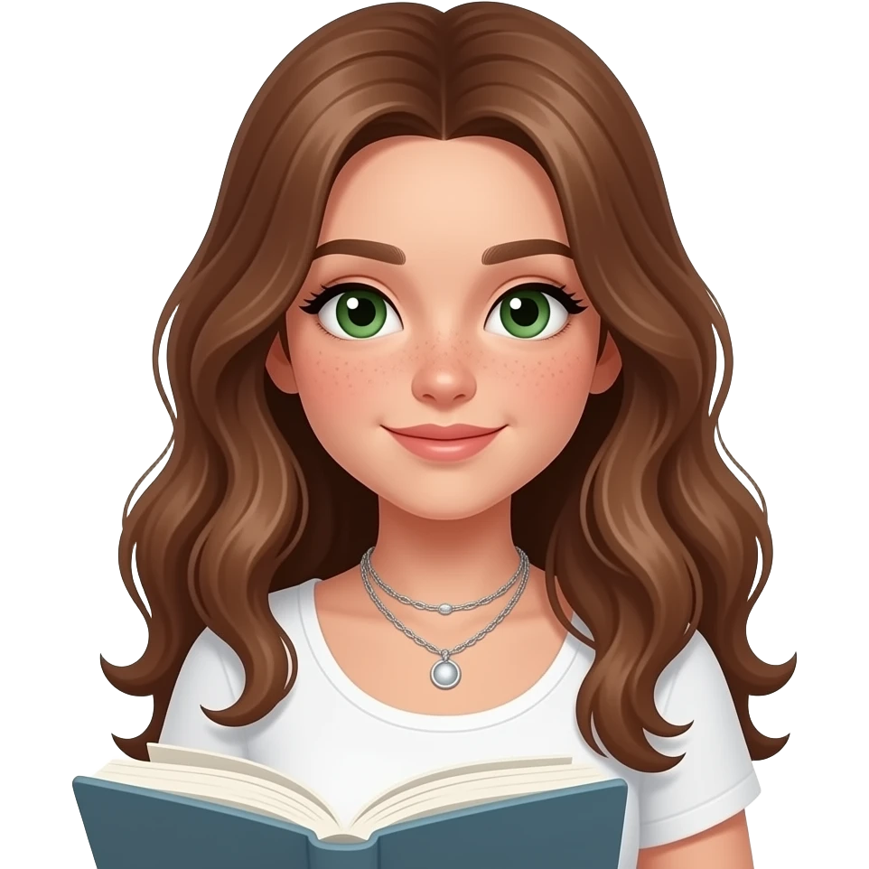 CUTE PALE GIRL PREPPY WITH not volominous WITH WAVEY LONG BROWN HAIR, FRECKLES AND GREEN EYES IN CUTE WHITE TOP WITH SILVER NECKLES, STUDY GIRL emoji