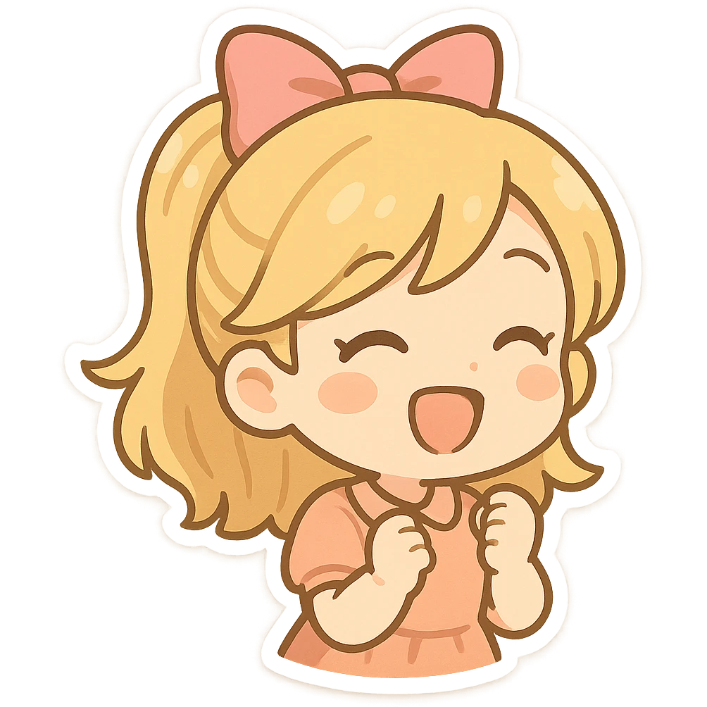 blond girl, pink bow visible from behind, hair styled neatly, cheerful look, cartoon style, cute emoji