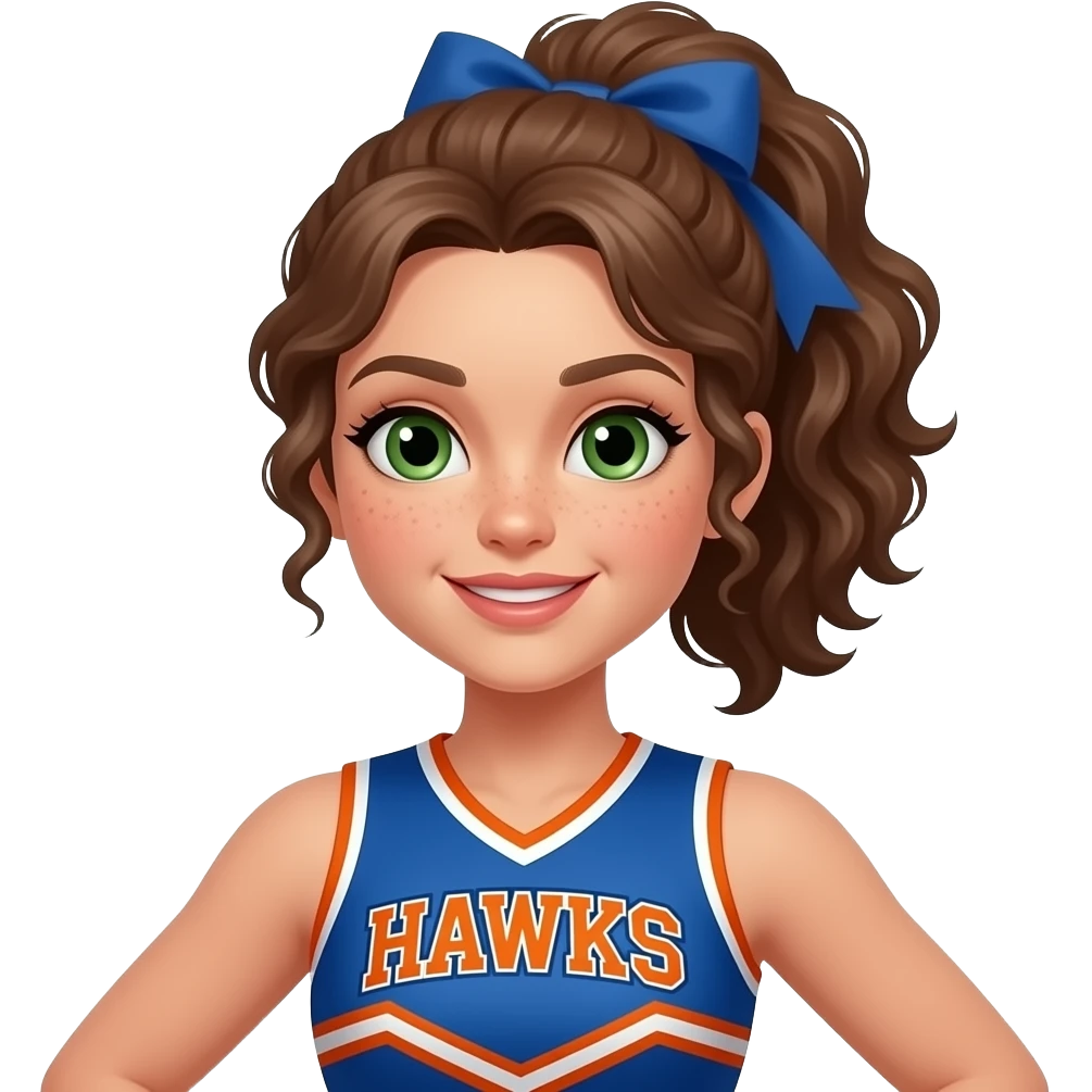 Cheerleader wearing Blue and orange uniform with the word Hawks across the top.  Brown curly hair in a ponytail.  Green eyes.  Freckles and light ccolored skin emoji
