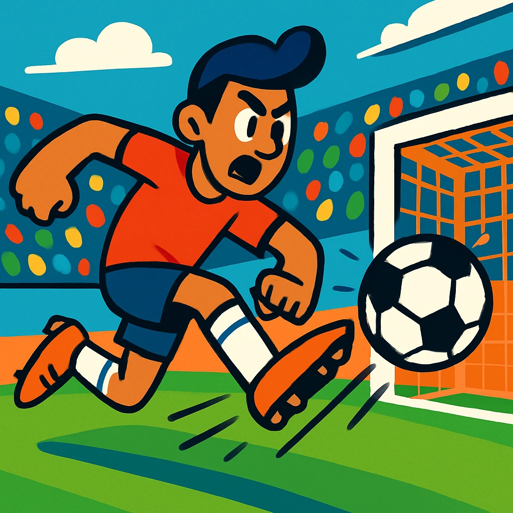 a soccer player in mid-kick, ball flying toward the net, stadium background, expressive movement emoji