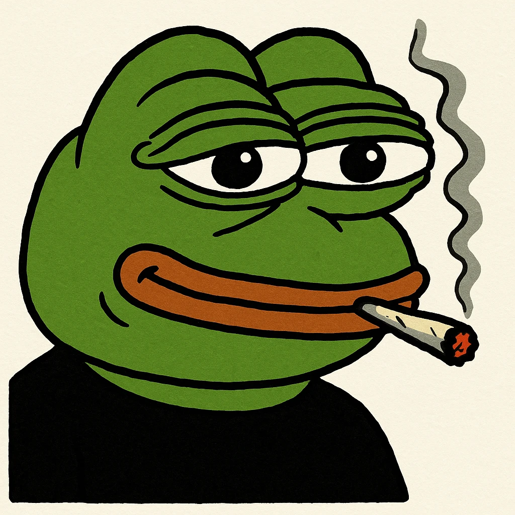 pepe the frog wearing a black shirt, smoking a joint emoji