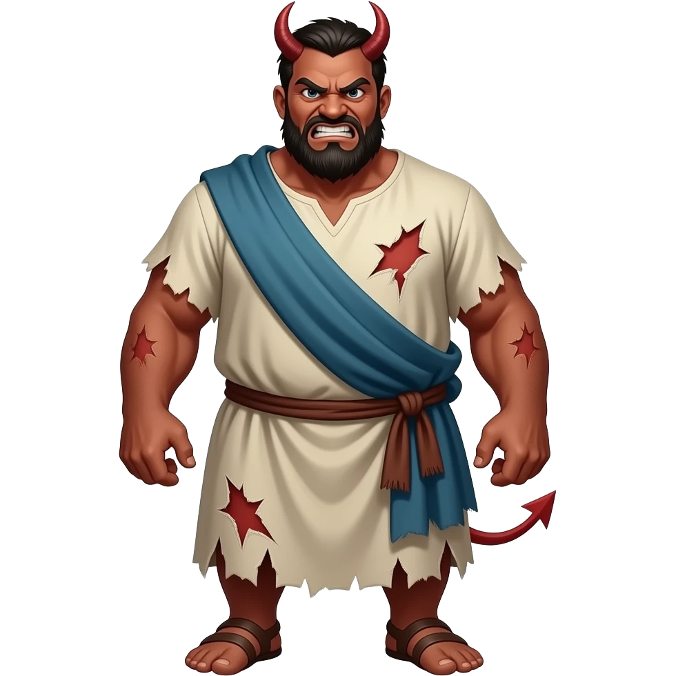 A full bodied demonically possessed man that has an angry smile on his face, wearing tattered clothing from biblical times emoji