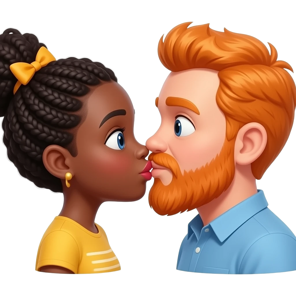 Black girl and orange chubby big head guy with beard kissing emoji