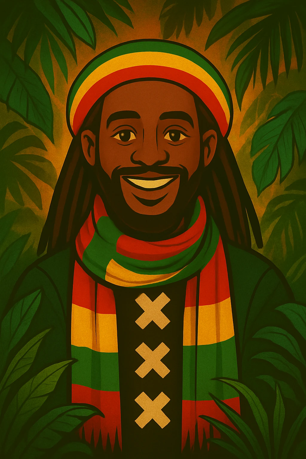 “Create a powerful illustrated portrait of a smiling man with long dreadlocks, wearing a colorful red, gold, and green knitted tam. The background has jungle leaves and warm lighting. Style: vibrant digital art, modern, bold lines, reggae vibe. With a Amsterdam colour scarf around his neck I gave a idea emoji