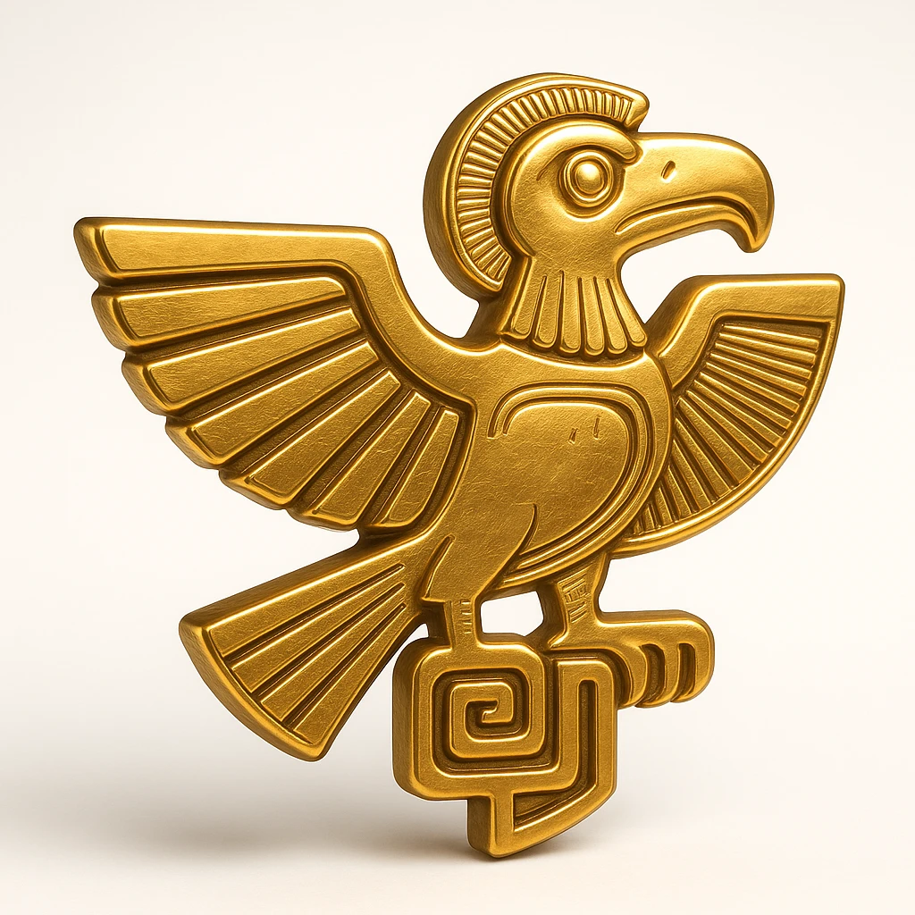 Inca logo with a stylized condor, ancient Peruvian art influence, gold and terracotta colors, strong silhouette emoji
