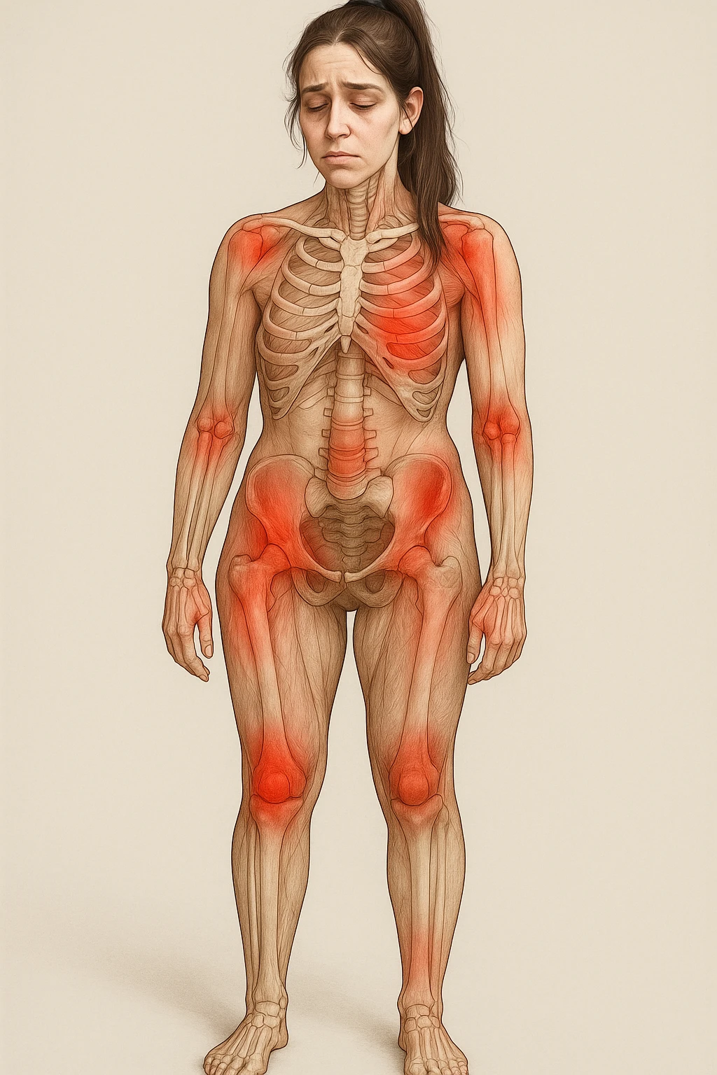 donna con stanchezza cronica frequenti in 3D realistica, donna dolorante immagine anatomica emoji