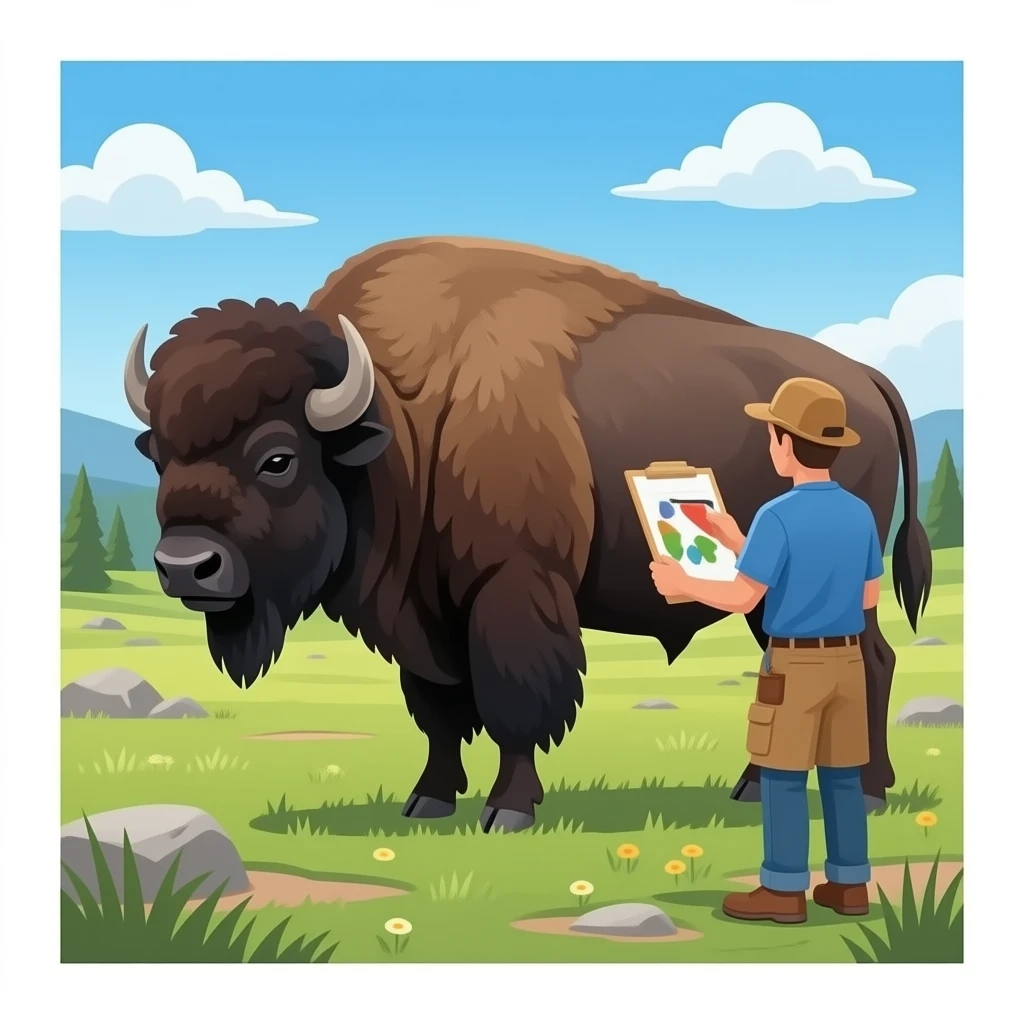 person painting at yellowstone with buffalo in the background emoji