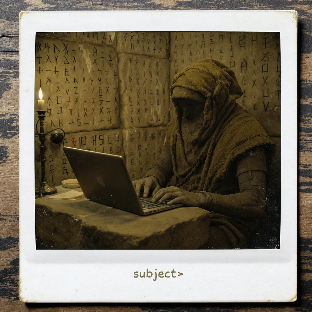 Ancient Slavic coder using a stone laptop, surrounded by runes, polaroid photo style emoji