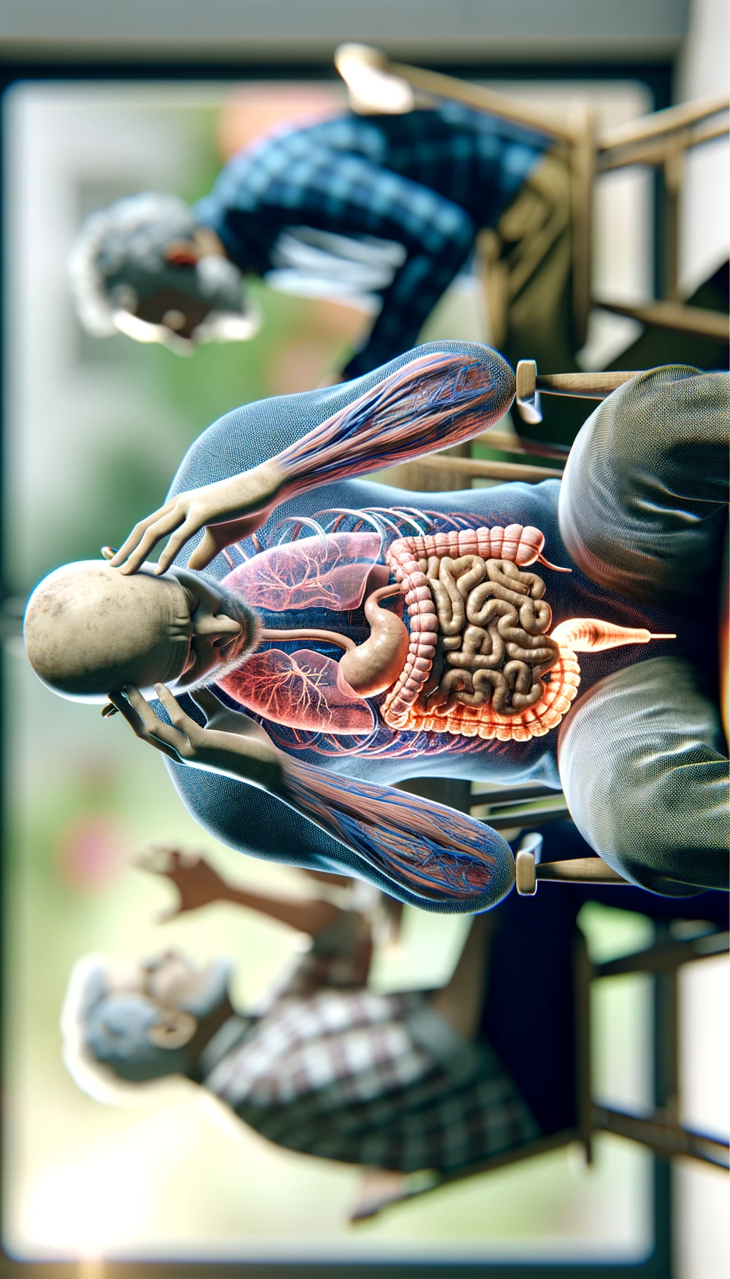 CORPO UMANO ANATOMICO SEDUTO a casa sua con intestinoa anatomico visibile CON PERSONE SFOCATE SULLO SFONDO CHE GLI PARLANO contro E LO ASSILLANO, LUI SI TIENE LE MANI SULLA TESTA ED è MOLTO STANCO E STRESSATO: non riesce ad ascoltare tutti quelli che gli stanno parlando, IPERREALISTICO 4K emoji