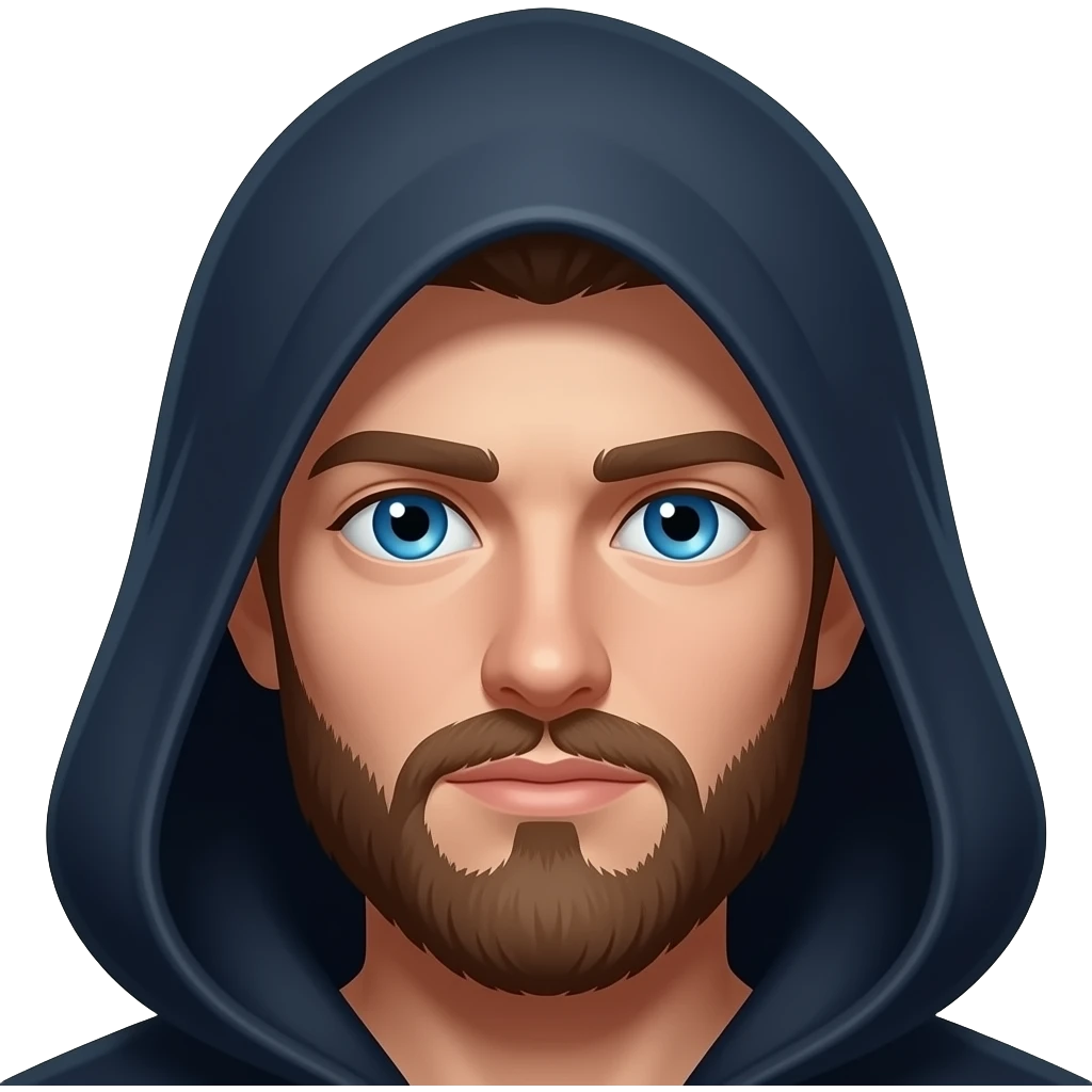 Blue Magic Mage hood over head with Glowing blue eyes close up to face Caucasian with a brown Goatee beard young 26 years old emoji
