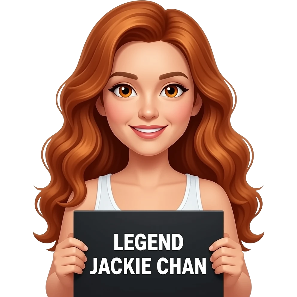 sexy girl with long wavy ginger hair and ginger eyes wearing a white tanktop is holding a black colored sign with LEGEND JACKIE CHAN written on it emoji