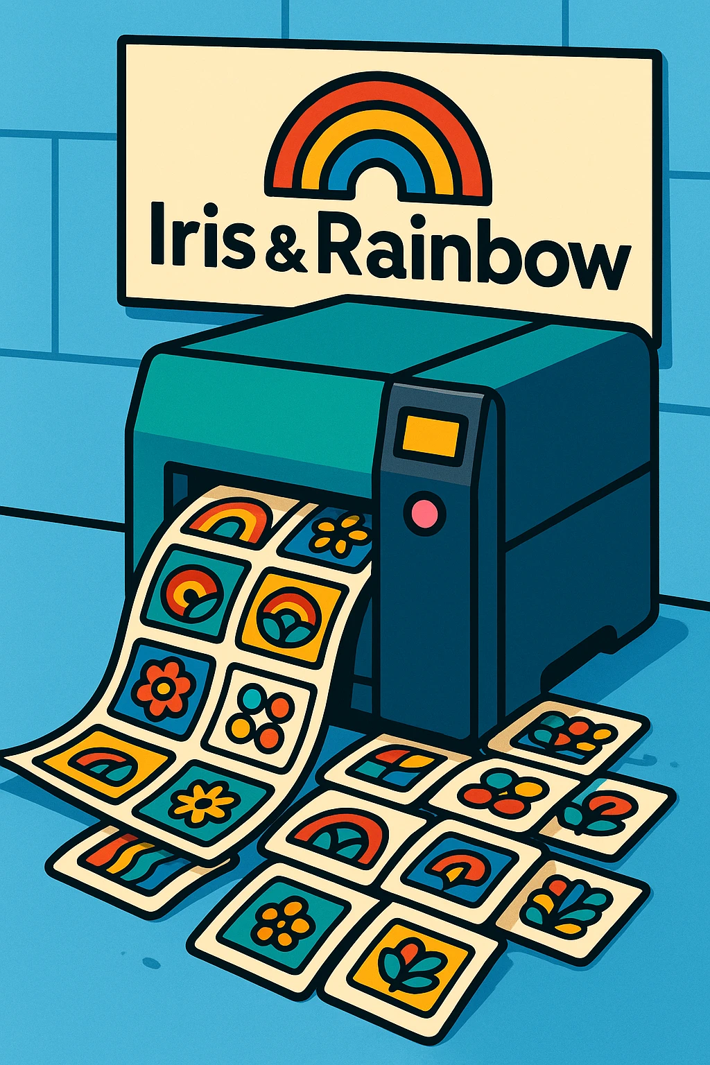 A printer rapidly printing many labels, with the words 'Iris & Rainbow' as a large logo in the background, colorful and modern style, vibrant, clear, playful, bright, clean, professional emoji