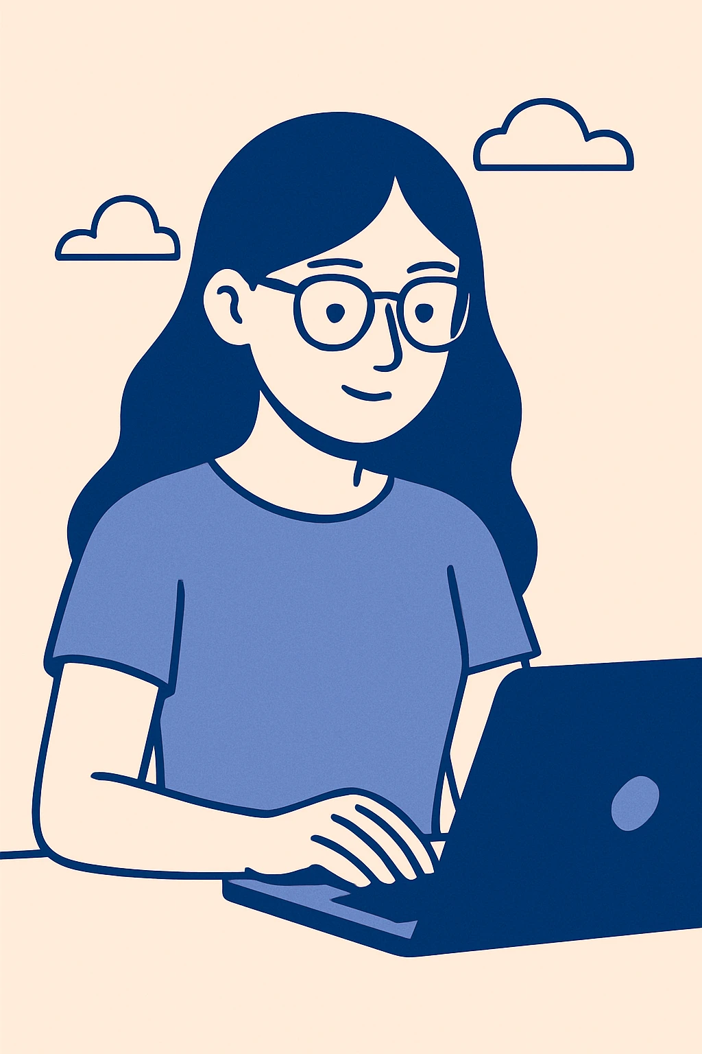 a girl with long hair, wearing glasses, focused on work, clean modern illustration style emoji