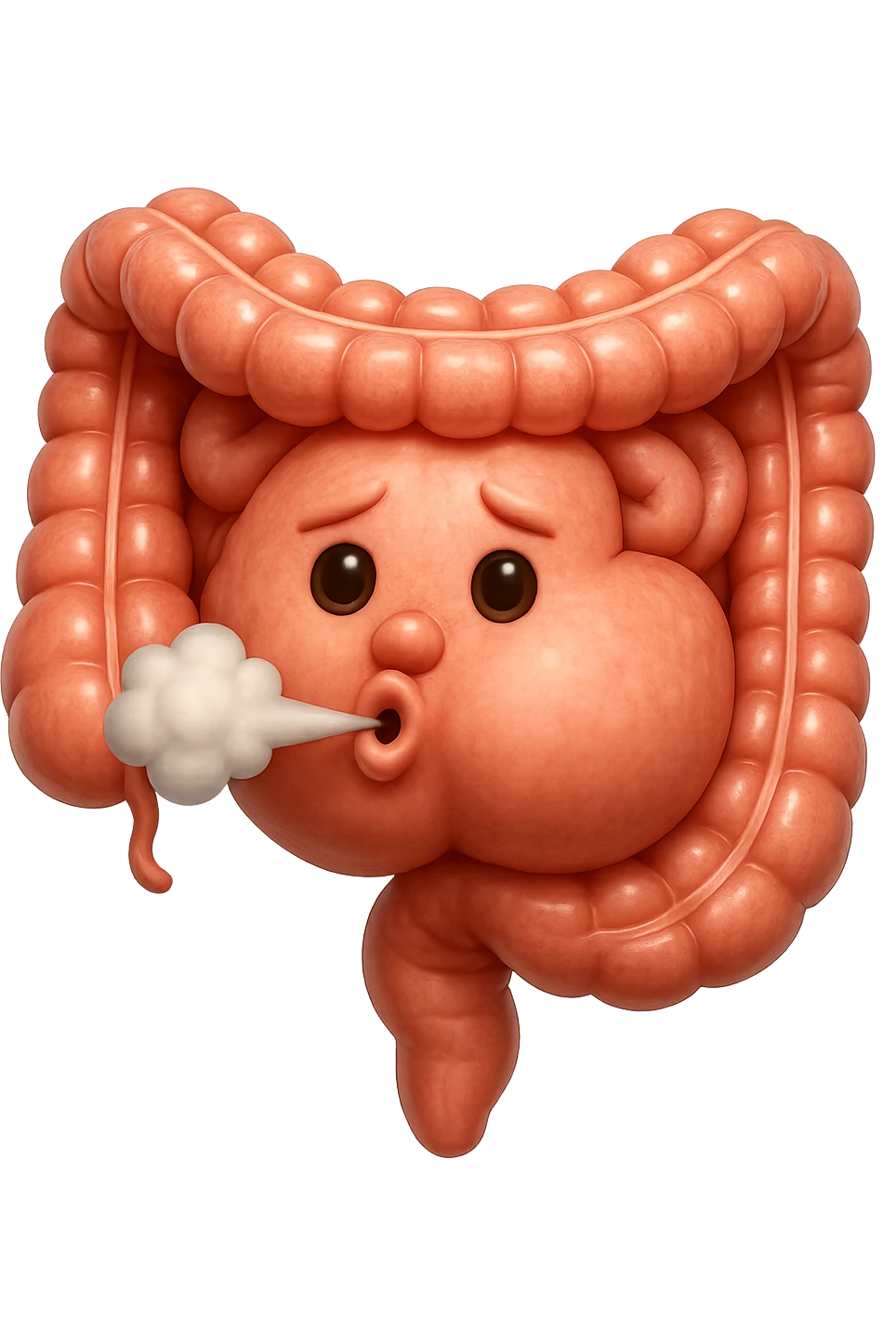 emoji stile iphone di un intestino che ingoia una nuvoletta di aria ben visibile e gli si gonfia la pancia, non fargli il naso, iperrealistico 4k emoji