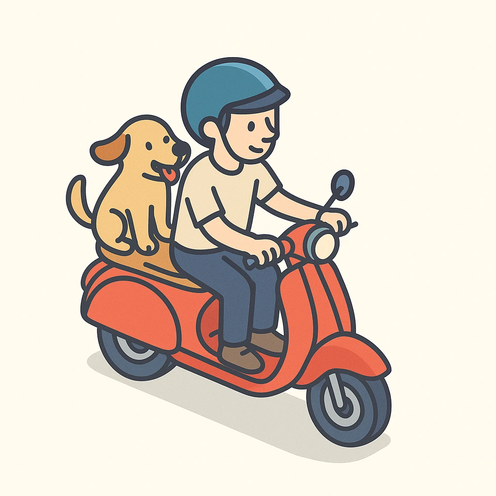 man and his pet dog riding a vespa emoji
