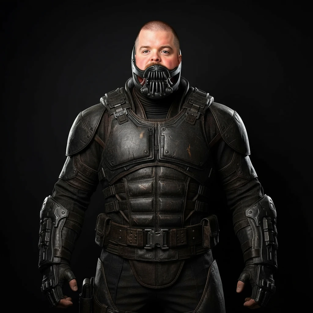 Put this man into the Bane costume from the Dark Knight Rises movie, make it photorealistic and make sure the face is represented lifelike on Banes body and costume emoji
