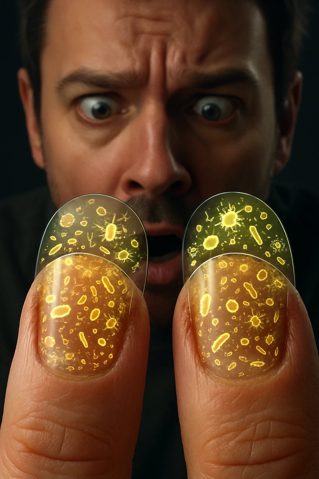 "Close-up macro shot of man's fingernails with transparent overlay showing dense colonies of bacteria, viruses, and parasites thriving in nail beds, millions of pathogens visible as glowing microscopic organisms, expression of shock as he examines his hands under magnification, nail debris containing more germs than toilet water, fingertips becoming mobile germ factories" emoji