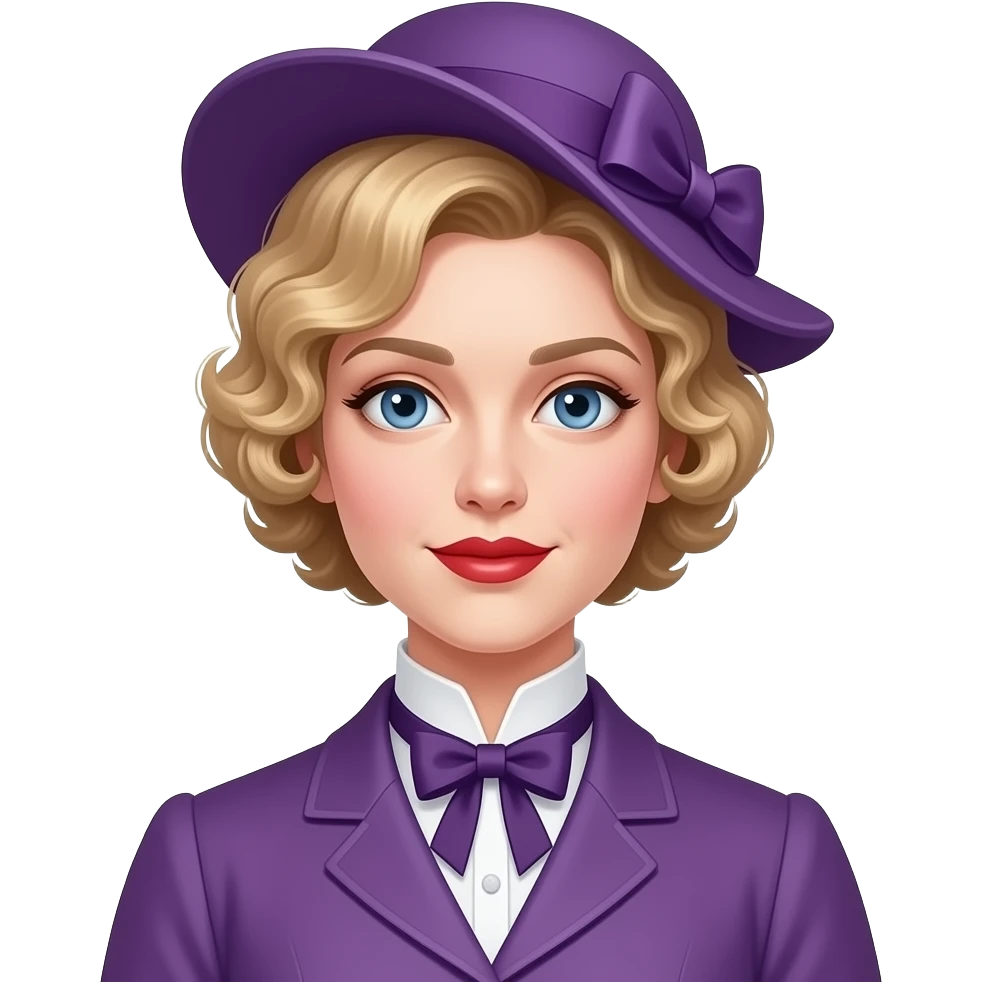 Victorian look with blonde short tight curls bob hair side swept in a purple victorian outfit and purple hat, red lipstick emoji