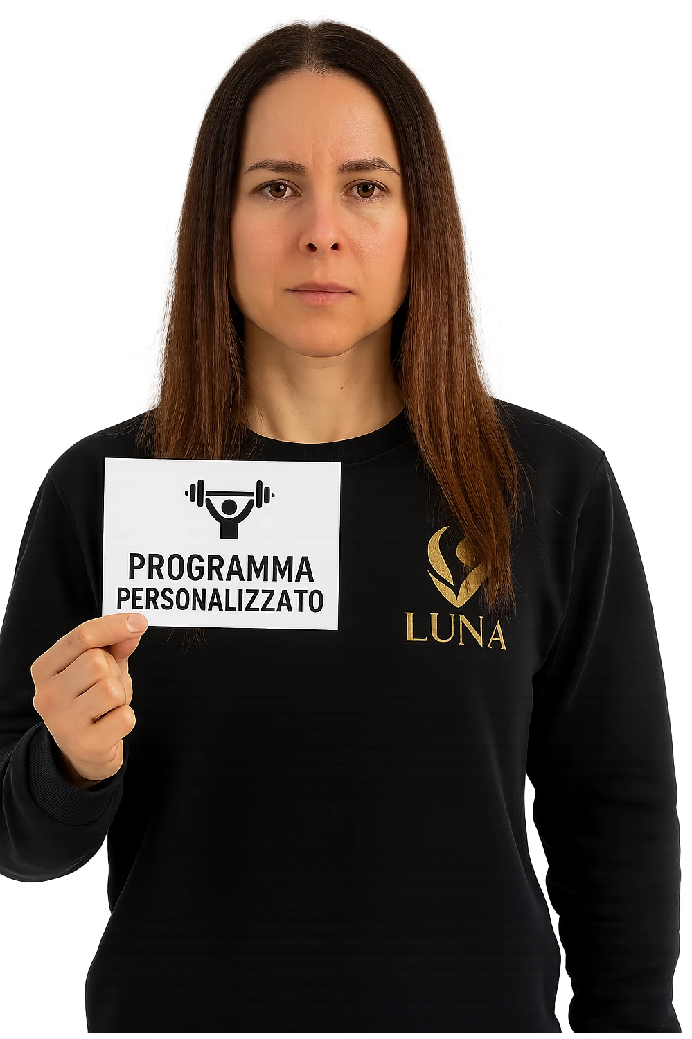 Donna con in mano Scheda di allenamento di palestra con scritto "Programma Personalizzato" emoji