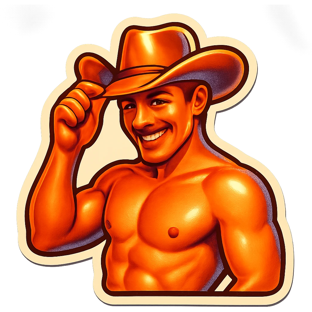A man in a cowboy hat, shirtless, tipping his hat with a flirtatious smile, stylized sticker emoji