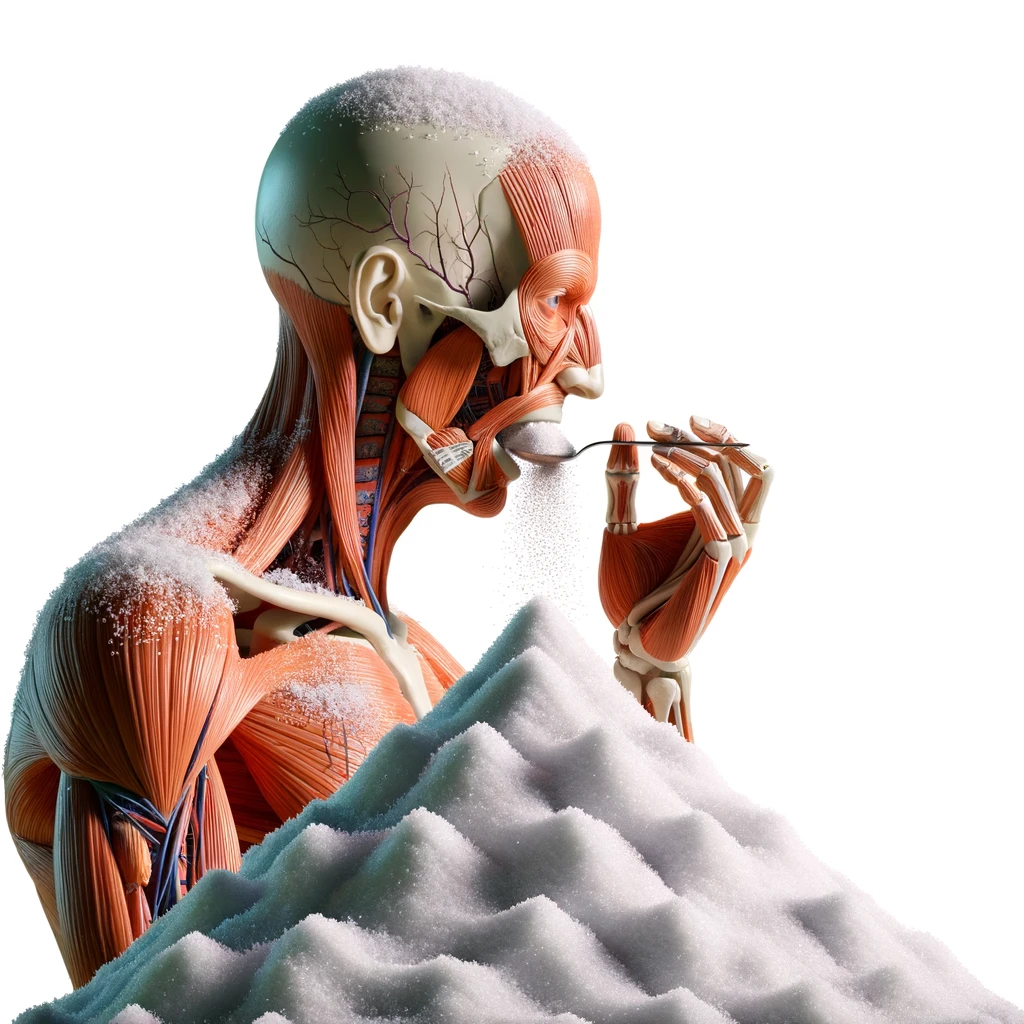 corpo umano anatomico che si abbuffa di dolci e zuccheri, montagna di zuccheri davanti a lui, iperrealistico 4k, isolato su sfondo bianco emoji