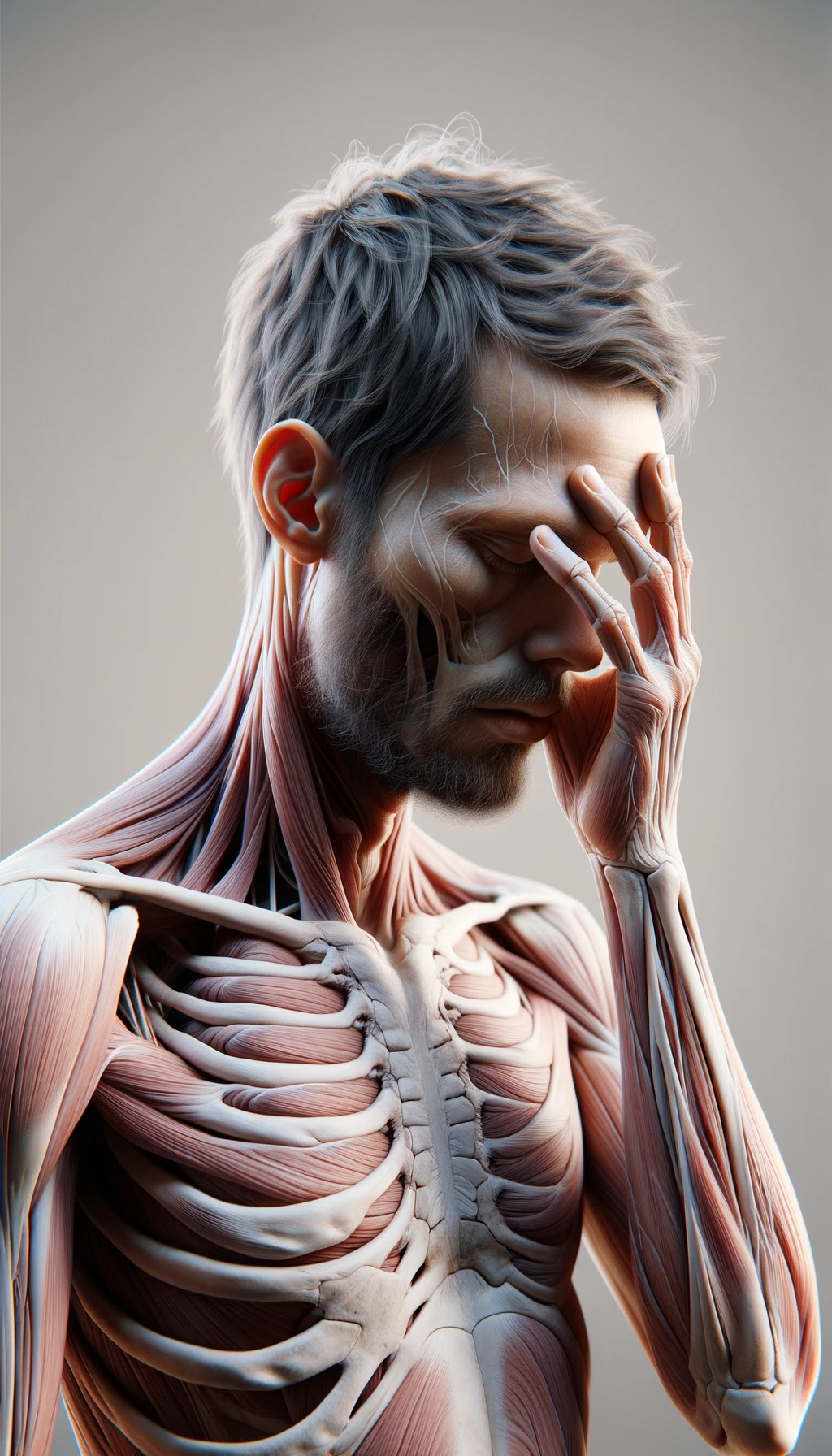 CORPO UMANO ANATOMICO A FIGURA INTERA STANCO CON MANO SULLA FRONTE, IPERREALISTICO 4K emoji