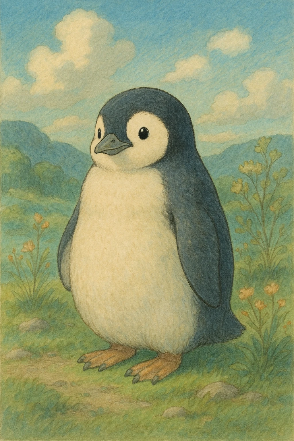 penguin, detailed, soft colors, whimsical, ghibli style illustration emoji