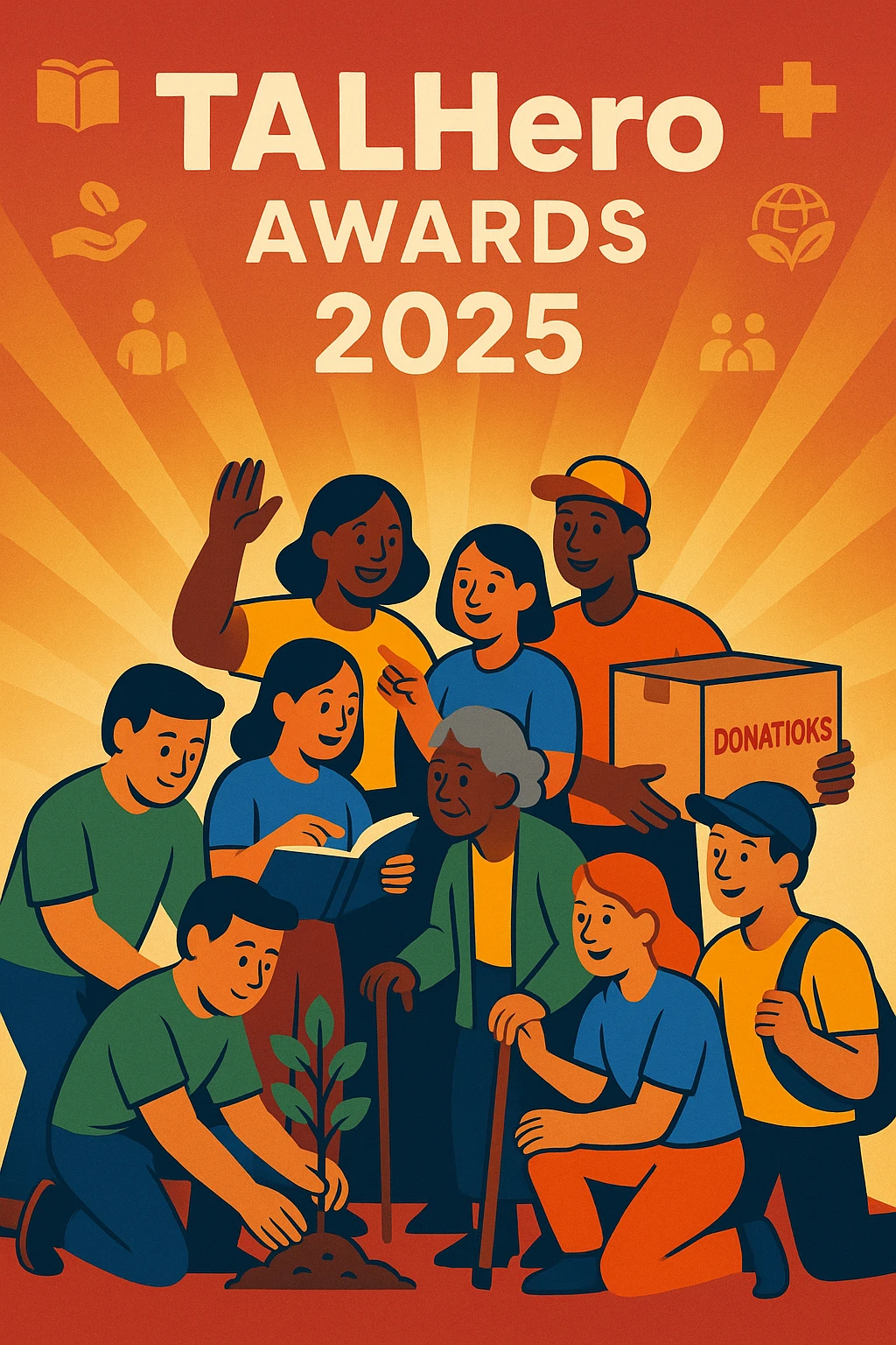 vibrant uplifting poster for TALHero Awards 2025, glowing spotlight on diverse group of changemakers including community volunteers, nonprofit workers, corporate CSR teams, engaged in meaningful actions like planting trees, teaching, delivering aid, supporting local initiatives, warm gradient background of light red and gold with soft golden rays symbolizing kindness and recognition, subtle icons for education, healthcare, environment, and community service emoji