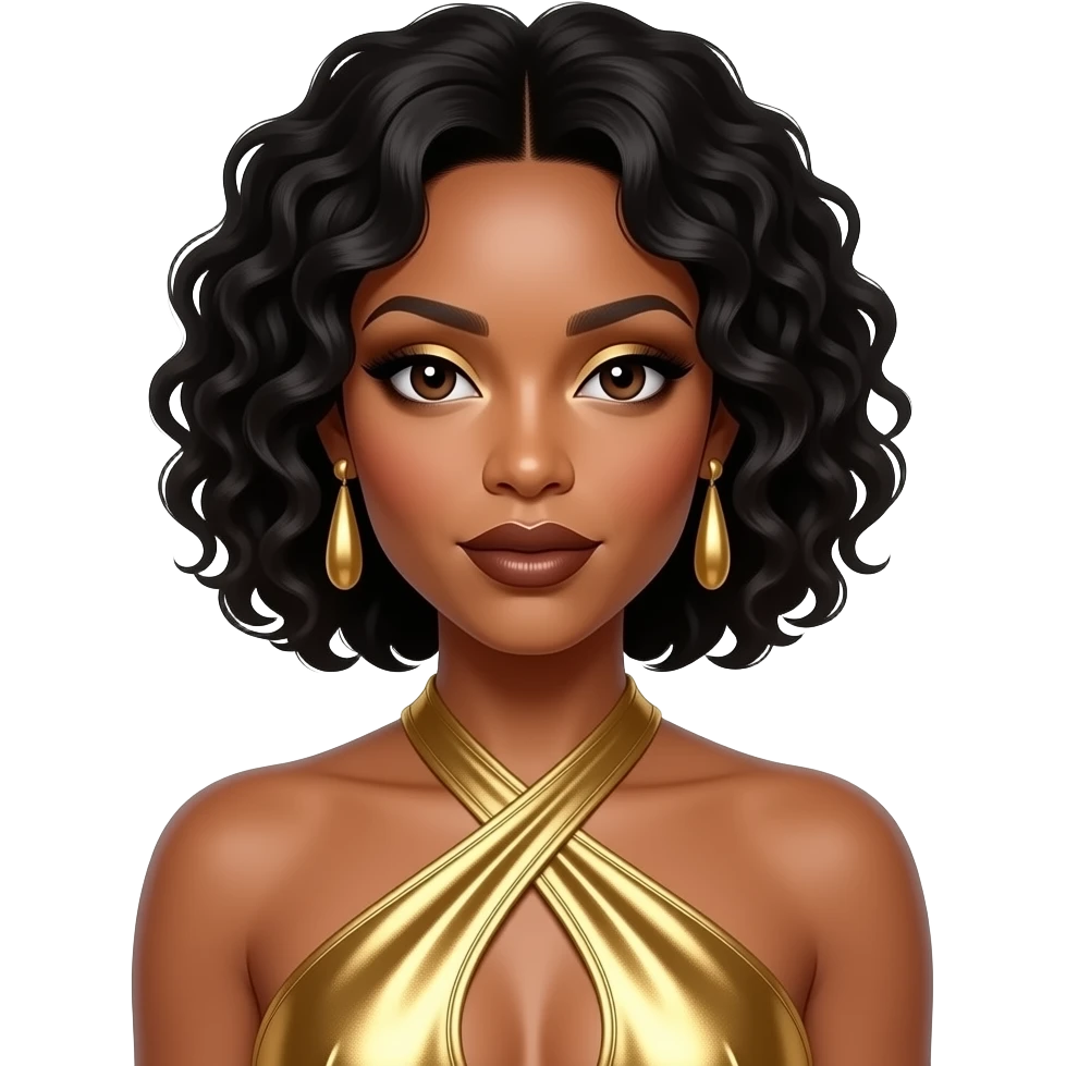 Kelly Rowland from Destiny's Child with dark brown eyes, black 90s short curly do hair, gold eyeshadow, dark brown lipstick, gold metallic halter dress, gold earrings emoji