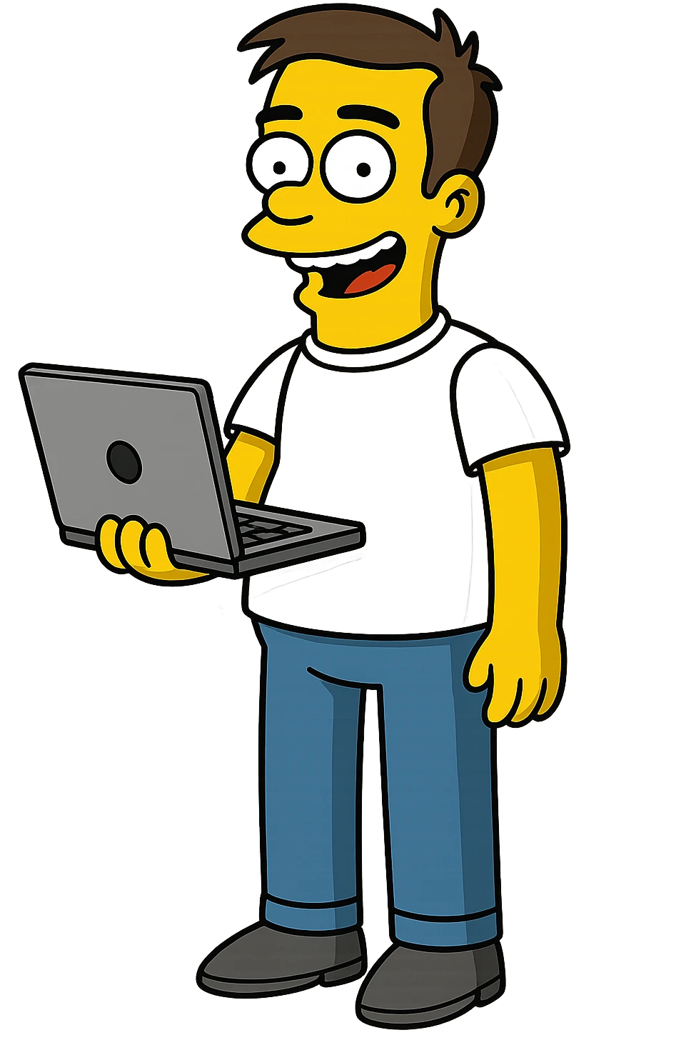 IT worker in Simpsons cartoon style, yellow skin, blue jeans, white t-shirt, holding a laptop, friendly expression emoji