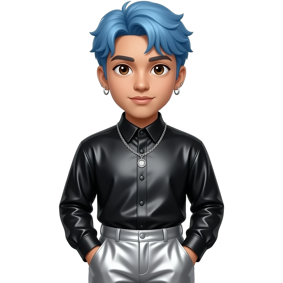 Rauw Alejandro with brown eyes, periwinkle blue hair, black metallic high neck shirt, silver metallic baggy pants, necklace and earrings emoji