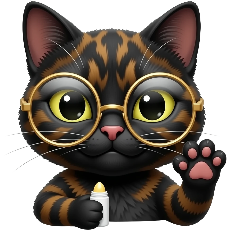 A mostly black Tortoiseshell cat face sneaky smirk-emoji - with round gold glassed and on paw up, with balm up . Only face and cat paw. emoji