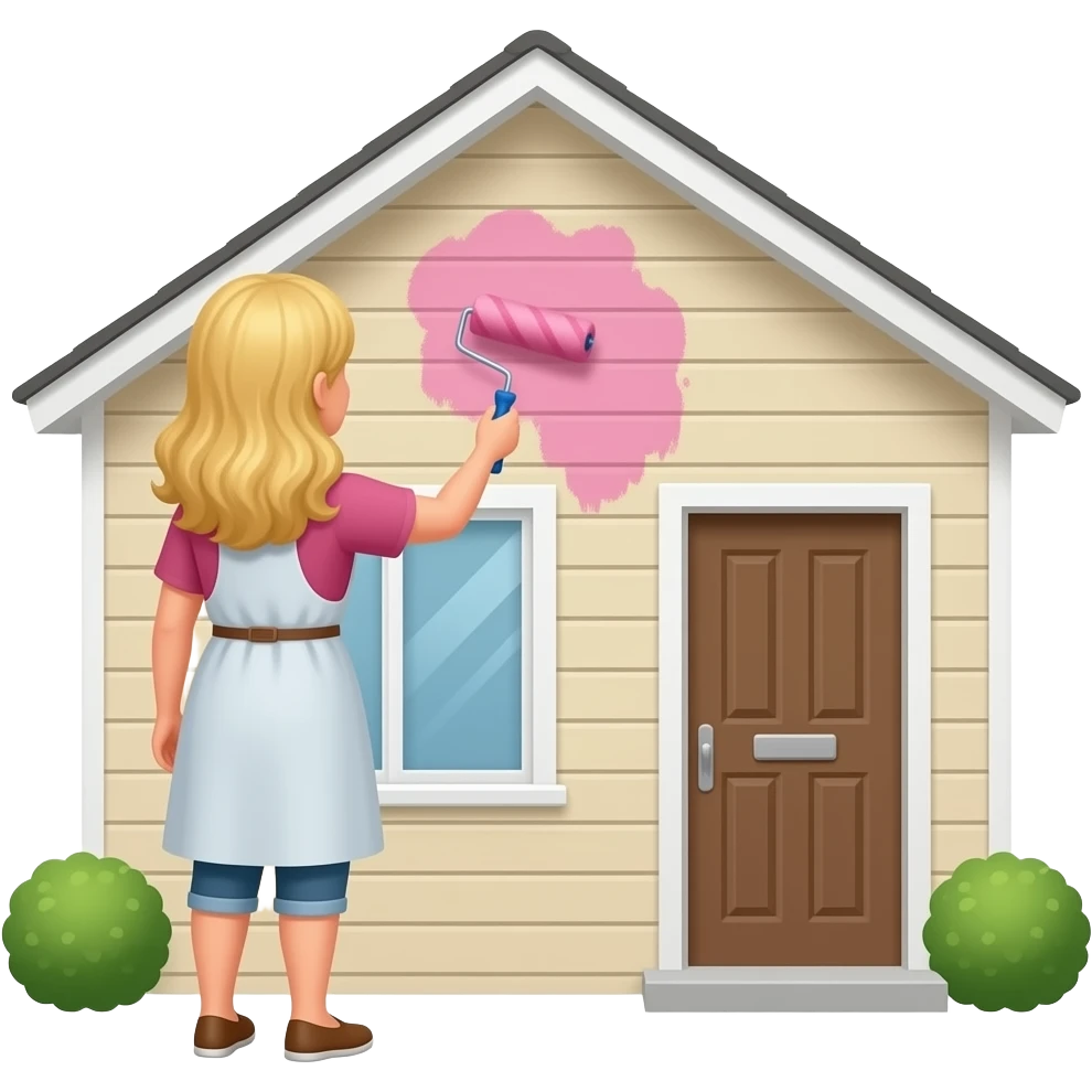 50 year old long blonde hair woman painting the exterior of a house with a roller emoji
