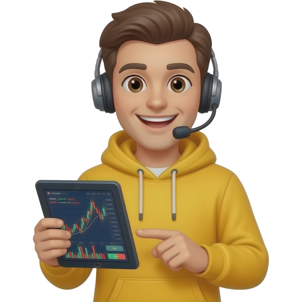 friendly young male forex trader mascot, mid 20s, yellow hoodie emoji