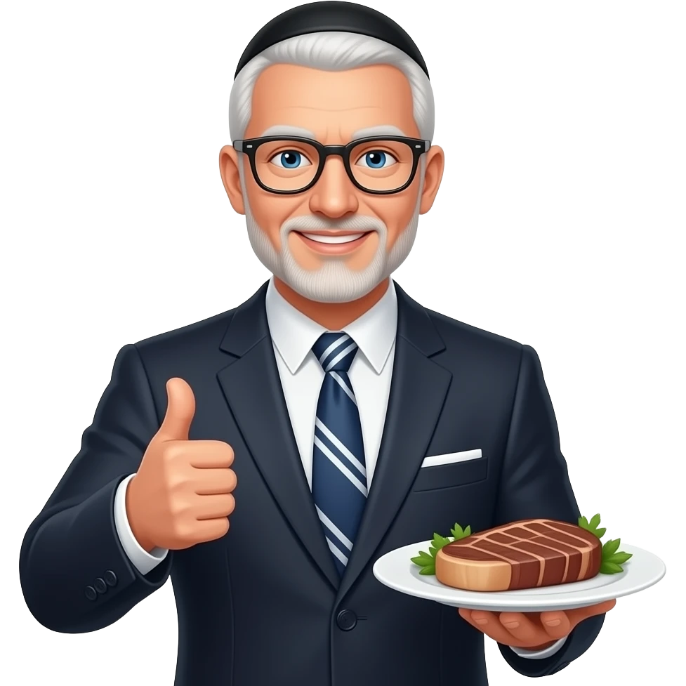 Shaven White man in nice suit with black kippa and glasses full body giving thumbs up and serving a steak emoji